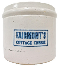 Vintage Fairmont's Cottage Cheese Stoneware Crock Jar Blue Advertising Dairy