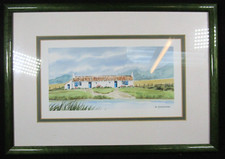 Lovely Vintage Framed Charles Blandineau Watercolour Lakeside Cottage Landscape