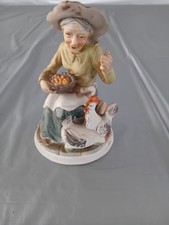 Ornament Figurine Old Lady With Basket Vintage Ceramic No Marking On Bottom