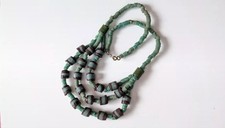 Green Tone Sand Cast African Bead Glass Necklace Boho Layered Bib Layering