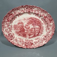 Johnson Bros " Mill Stream " Oval Meat Dish / Serving Platter Pink Print China