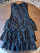 Vintage Black Lace Dress 1980s  Ra Ra Style Boned Frnt Bodice Small Size 6/8 Uk