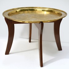 Engraved Brass Tray Side Table - MCM - 24" W - Mahogany Base - Chinese