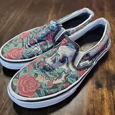 Trashed VANS Slip on shoes canvas skull roses death Black Crow Womens 7.5 Men 6