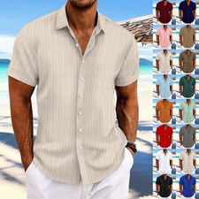 Mens Striped Button Up Shirts Grandad Summer Short Sleeve Casual T Shirt Tops