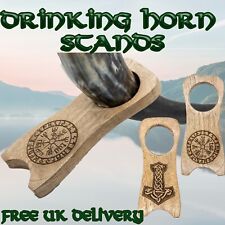 Wooden Drinking Horn Stand Thors Hammer Nordic Compass Viking Norse Display