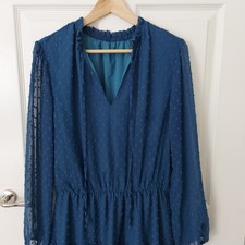 Casual Teal Blue Dress Tie Neck Long Sleeve Tiered Ruffle Swing Tunic Mini Dress