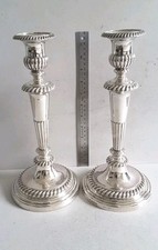 GOOD LGE. PR. GEO.  ANTIQUE SOLID SILVER CANDLESTICKS. HT. 30.8cms.  SHEFF. 1817