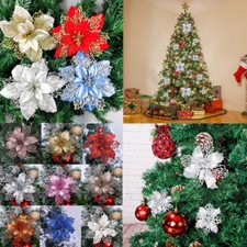 10X 16cm Christmas Large Poinsettia Glitter Flower Tree Hanging Party Xmas Decor