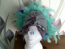 Blue/Pink/Silver Turban  with Multi coloured feathers ONE SIZE