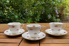 Pretty  Vintage Set 3 Royal Sutherland China Cups & Saucers Rose Bouquet exc