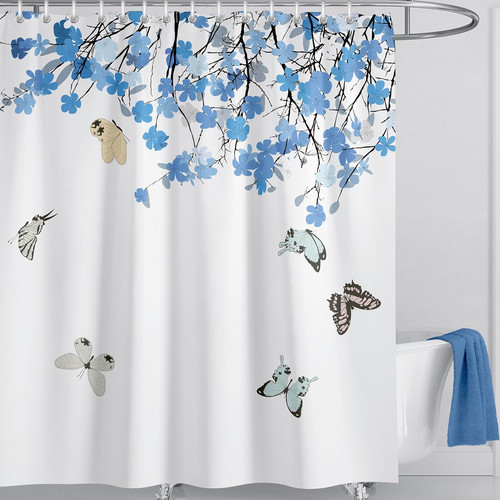 Blue shower curtain butterfly - shower,
