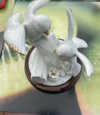 Cellini Love Birds Fantail Doves White With Gold Edging On Wooden Plinth