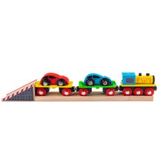 Bigjigs Rail Wooden Car Transporter & Ramp, Wooden Train Set Accessories