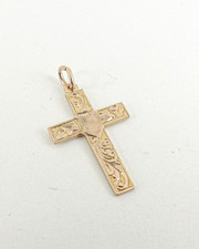 9ct Gold Cross Pendant Rose Patterned  Antique Victorian 26mm gift box