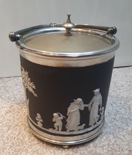 Wedgwood Black Jasper Ware Biscuit Barrell EPNS Lid and Base