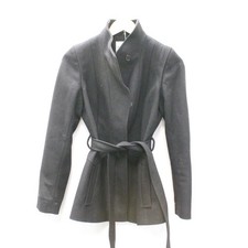 Ladies REISS Black Funnel Neck Buttoned Belted Short Wool Coat UK S H76