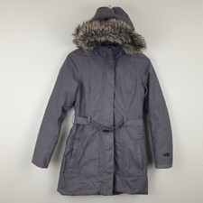 The North Face Brooklyn Parka Jacket Womens Small Grey Down Filled Belted Coat
