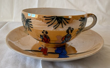 Japanese Tea Cup Saucer Set - Hand Painted Geisha Girls Porcelain Vintage
