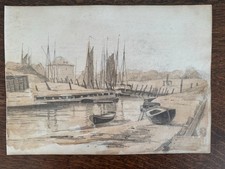 Antique Pencil Drawing Harbor