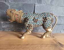 Vintage Nepalese Tibetan Brass Tiger Figurine With Gems Cabochons & Coral Beads