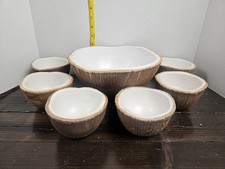 Vintage Ed Langbein Ceramic 7 Piece Coconut Tiki PUNCH BOWL & Mugs Made in Italy