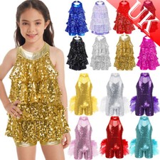 UK Girls Sequins Halter-Neck Jazz Latin Modern Dance Tassel Dress Samba Costume