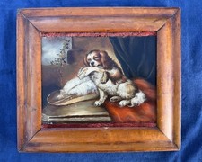 Victorian Antique Oil On Board Painting Cavalier Spaniel Dog Puppy Maple Frame