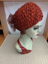 Vintage 1970's Rust Brown Pleated Hat With Net Bow VGC