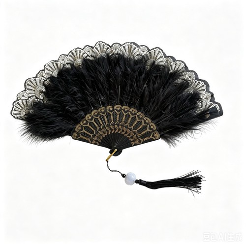 Black gold feather folding fan - black,