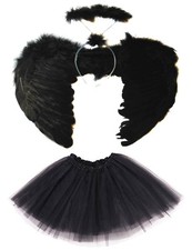 BLACK DARK FALLEN ANGEL WINGS, HALO AND TUTU SET HALLOWEEN COSTUME FANCY DRESS