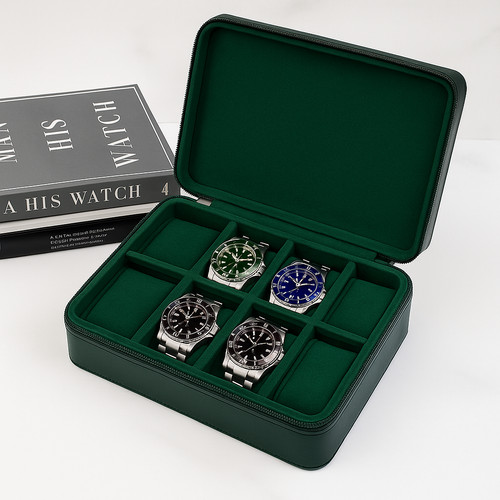 Green leather luxury watch box - green,