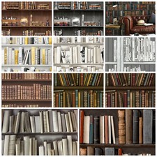 Bookcase Library Wallpaper Antique Retro Books Study Wooden Brown Natural Style
