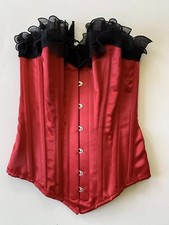 Vollers ROMANTIC RUFFLES Red Satin Lace Up Corset XS to M Hook & Eye Waist Cinch