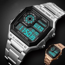 Classic Mens Women Digital Date Alarm LED Waterproof Stainless Steel Wrist Watch