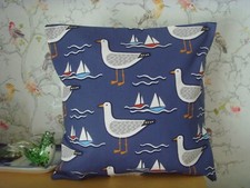 NEW SEAGULL BOAT NAUTICAL PRINT COTTON cushion cover 16in BLUE WHITE RED