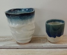 Handmade pottery tumbler and pottery shot glas. Blue. VGC