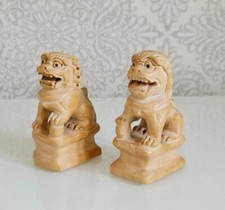 Rare Vintage Chinese Boxwood Fu Foo Dog Lions Statue Set Pair Hand Carved