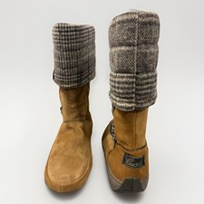 Cushe Women’s Suede Fold Over Winter Boots Size 7 Tan Plaid Cuff Cozy Lined Zip