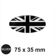 Oval Union Jack Flag 75x35mm Silver Black Sticker Dome 3D UK Decal Car Van Bike