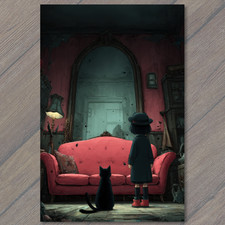 Art Print Black Cat Girl Red Sofa Creepy Room Dark Whimsical Atmosphere
