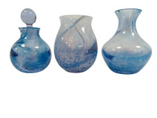 Bundle Of 3 Hand Blown Blue Art Glass Vases With Swirl And Speckle Design 