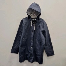 Stutterheim Stockholm Blue Navy Waterproof Rain Hooded Rubber Coat Jacket Large