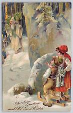 Christmas Greetings c1905 Postcard Posted Santa Snow Forest Stewart & Woolf 445