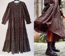 ZARA Black Red Floral Ditsy Spotty Tiered Smock Midi Angel Dress Size L Large 14