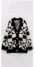 Zara Cards Check Jacquaard Knit Cardigan Jacket Monochrome Size S/M
