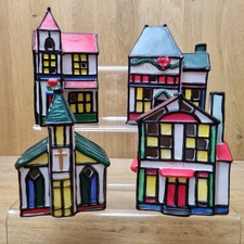 Vintage Ceramic Stained Glass Style Winter Village Ornaments Grocery Inn Church