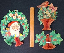 Vintage Mid Century 50s Holly Robin Father Christmas Honeycomb Paper Decoration