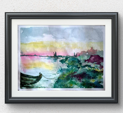 Original watercolor sunset - original,