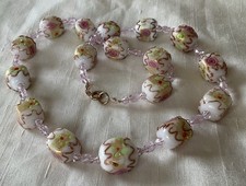 Vintage Murano Necklace, Wedding Cake Glass Beads,White & Gold With Pink Roses